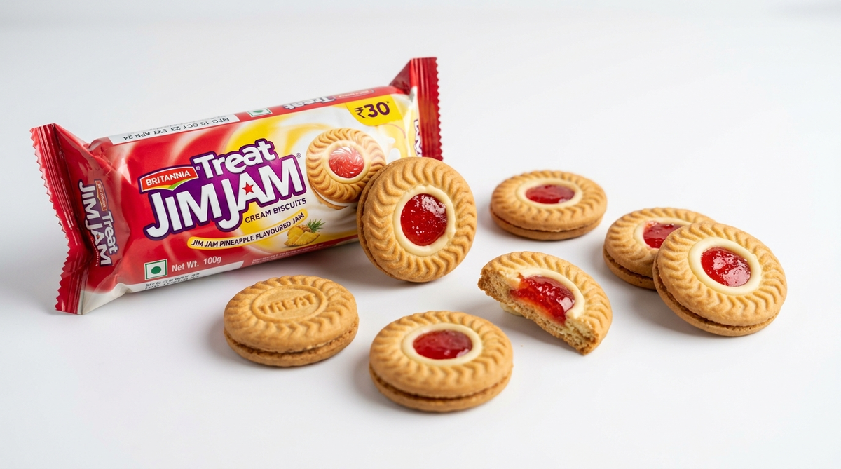 Britannia Treat Jim Jam Cream Biscuits pack with circular biscuits showcasing red pineapple-flavoured jam center and sugar crystals