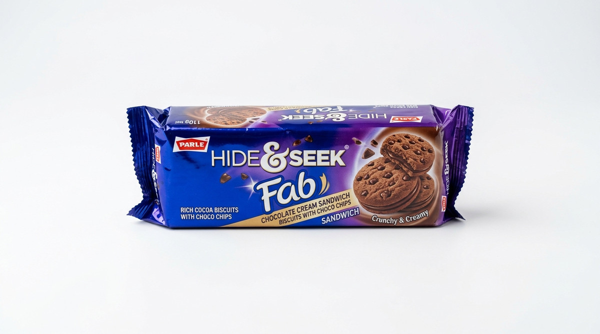 Parle Hide and Seek Fab chocolate cream sandwich biscuits pack displaying rich cocoa cookies embedded with chocolate chips