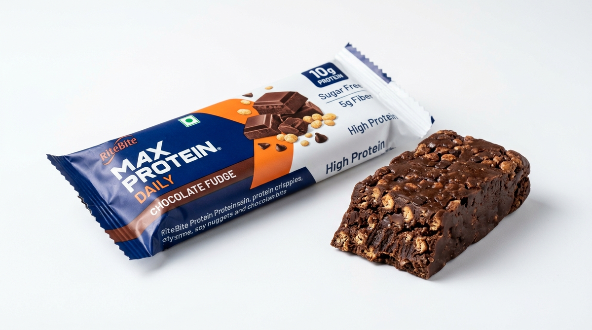 RiteBite Max Protein Daily chocolate fudge protein bar in wrapper with a cut slice revealing crispies and cocoa compound