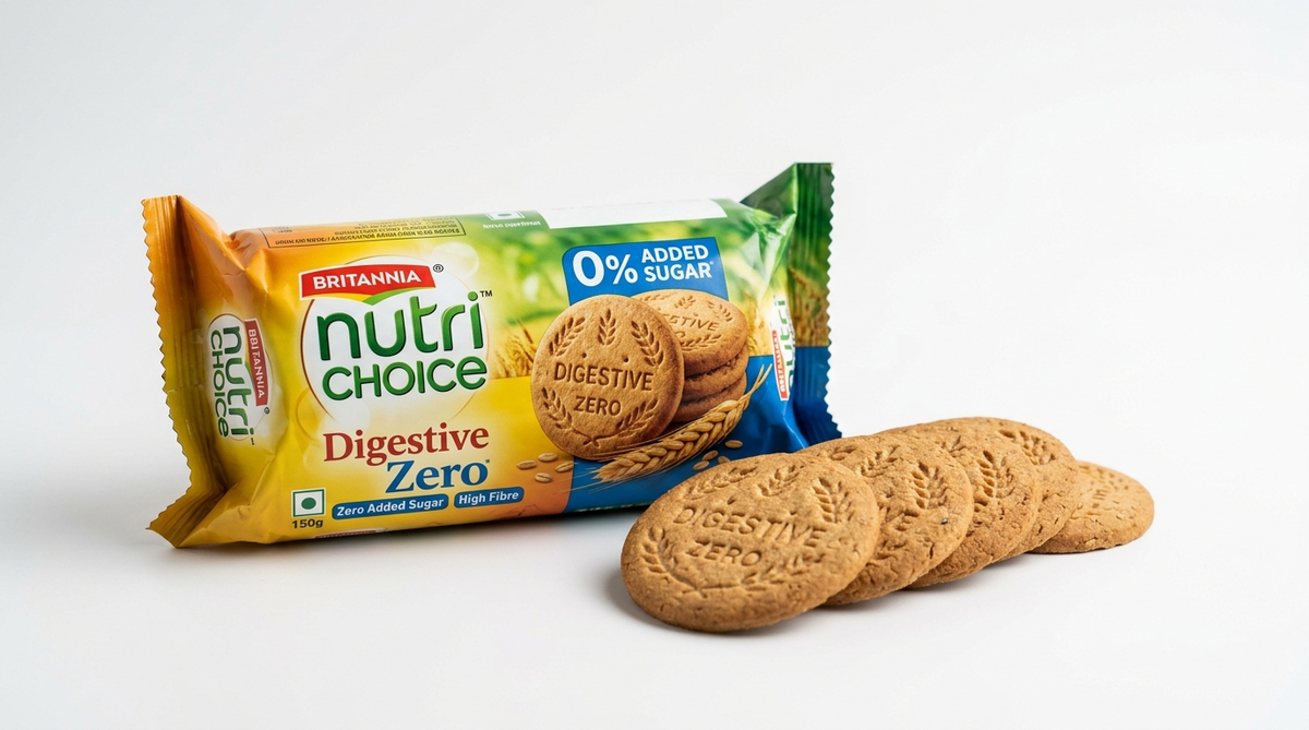 Britannia NutriChoice Digestive Zero biscuits pack alongside embossed wholewheat digestive biscuits